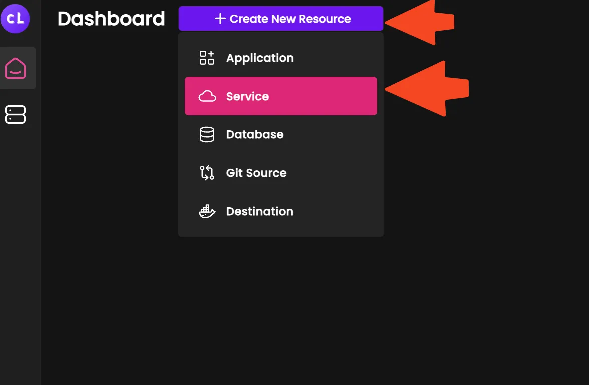 Panel de Coolify mostrando las opciones New Resource y Docker Compose
