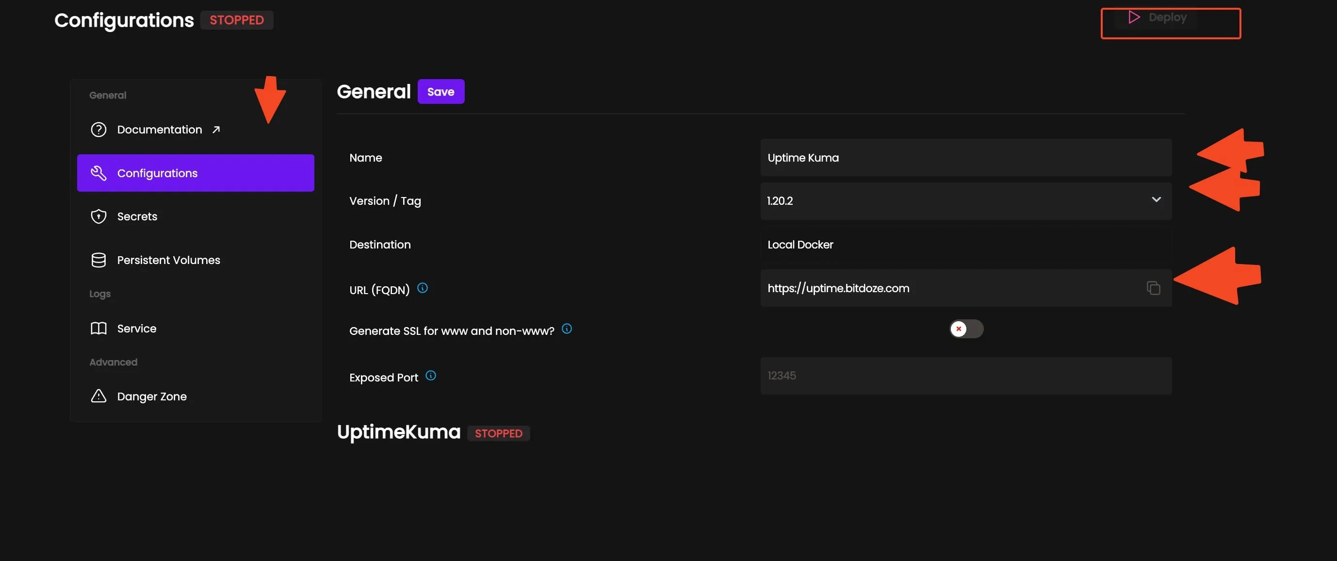 Pantalla de configuración de Uptime Kuma en Coolify con los campos Name, etiqueta de imagen Docker y FQDN