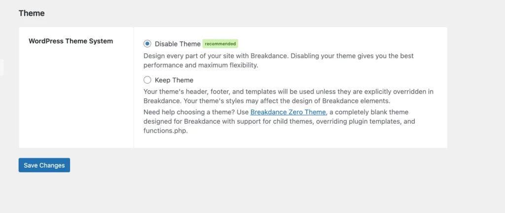 Breakdance theme selection on setup