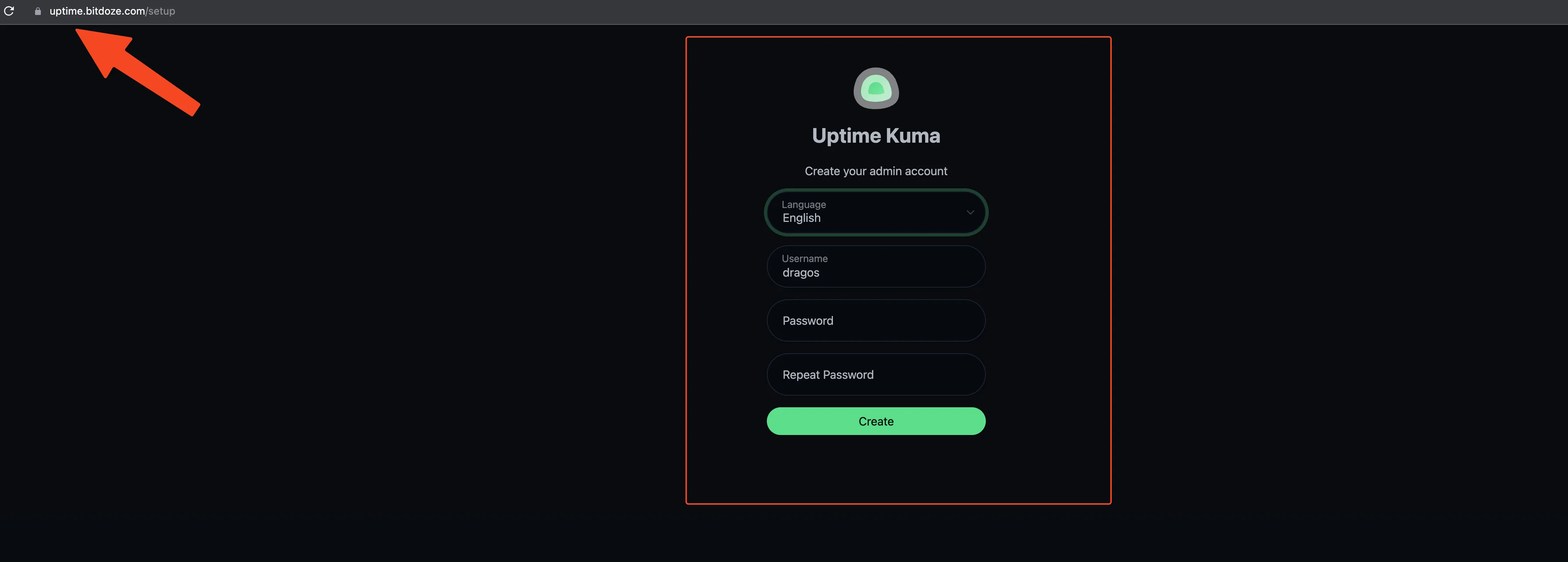 Página de configuración inicial de Uptime Kuma pidiendo crear una cuenta de administrador
