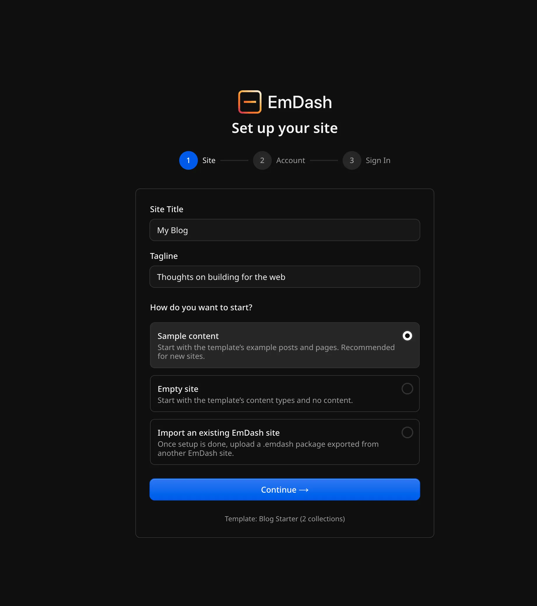 EmDash setup wizard screen for entering the site title and tagline