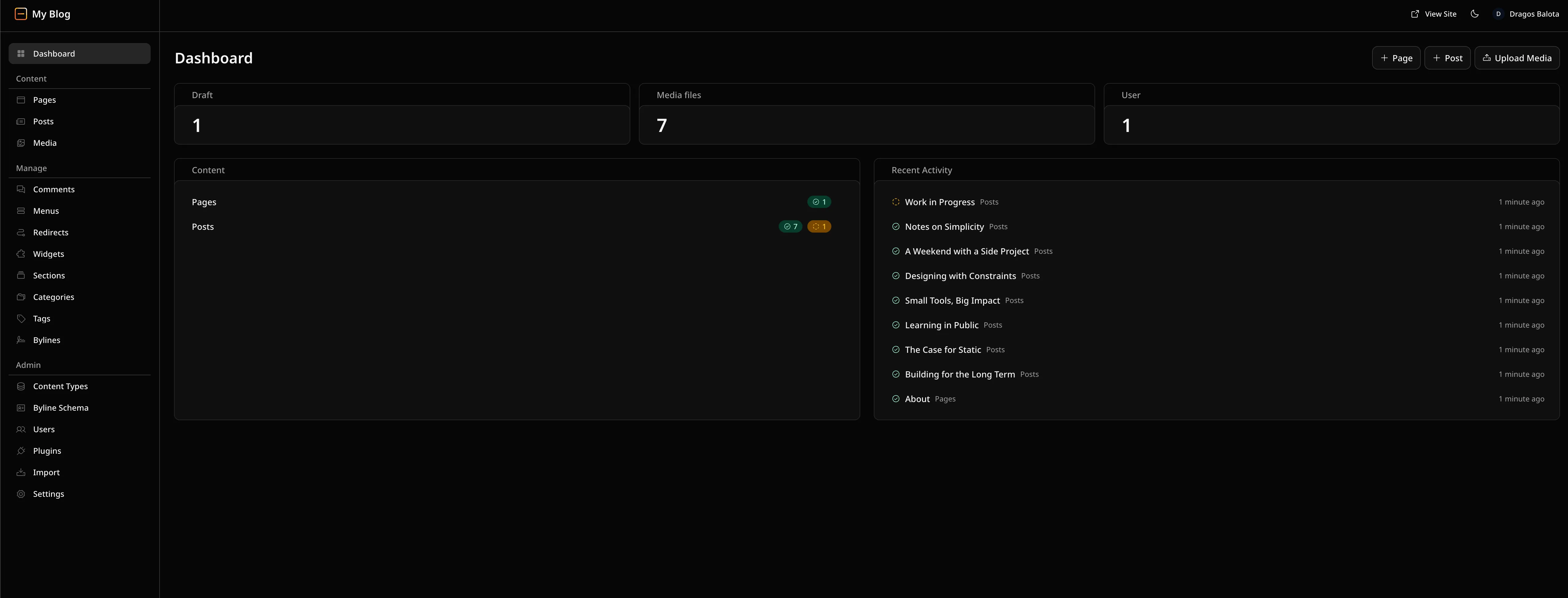 EmDash admin dashboard after setup with posts, pages, and media in the sidebar