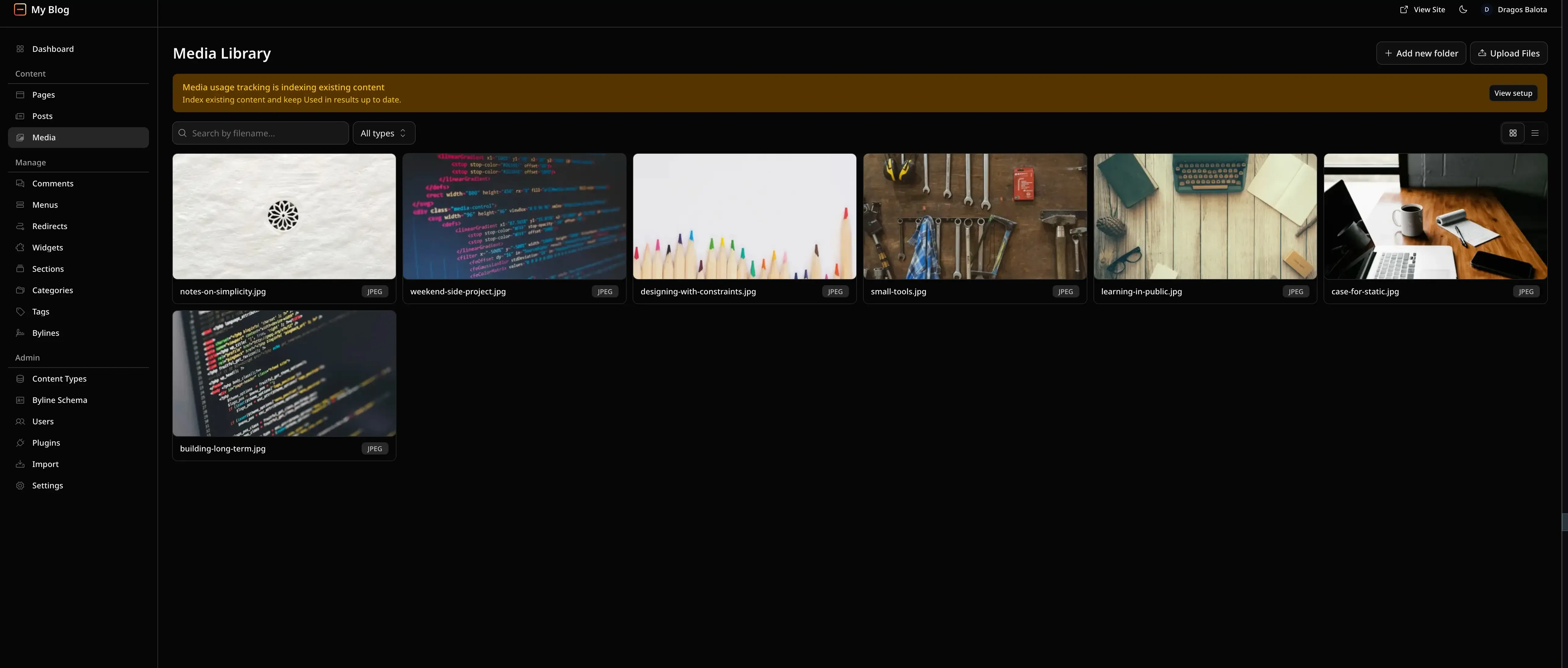 EmDash media library showing drag-and-drop uploads and image crop options