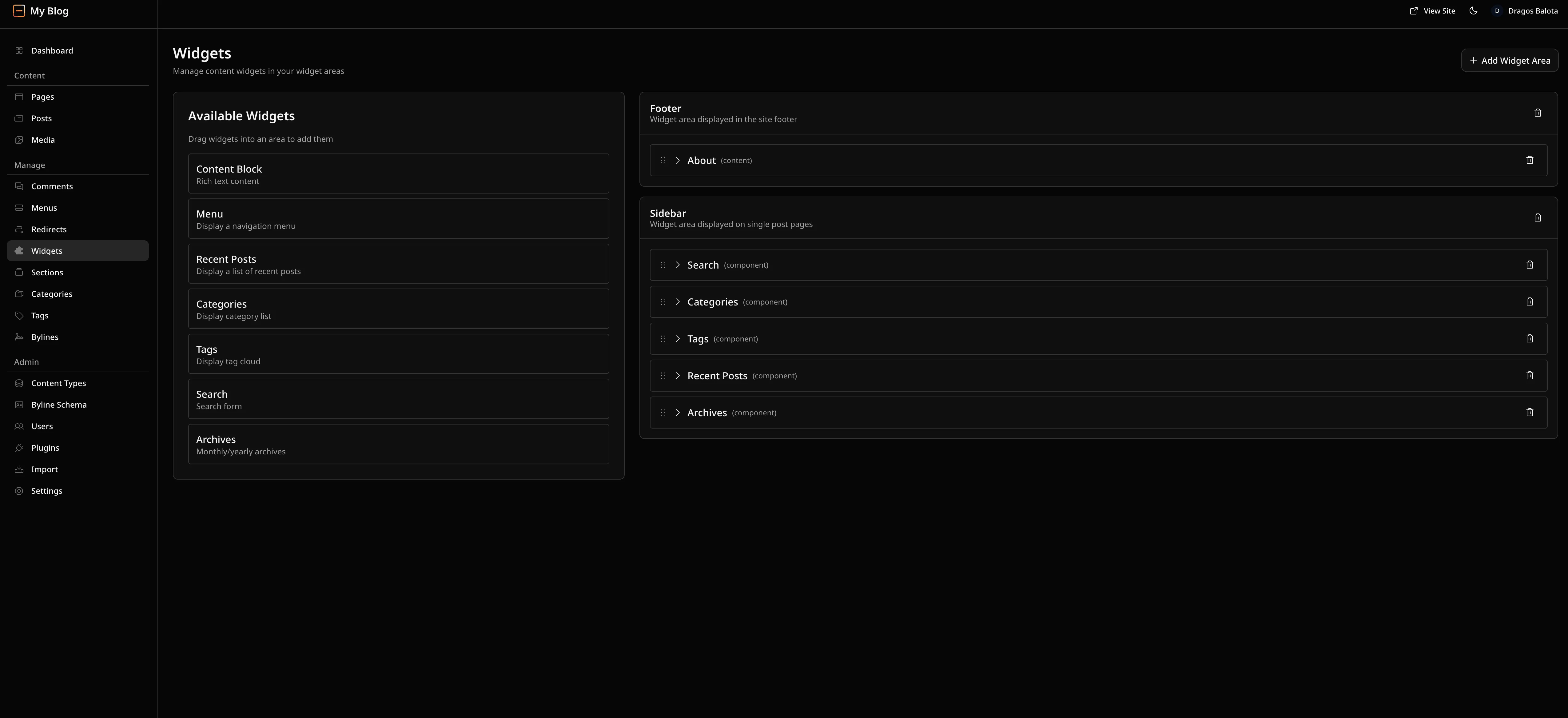 EmDash widget areas screen with a sidebar widget area and content widgets