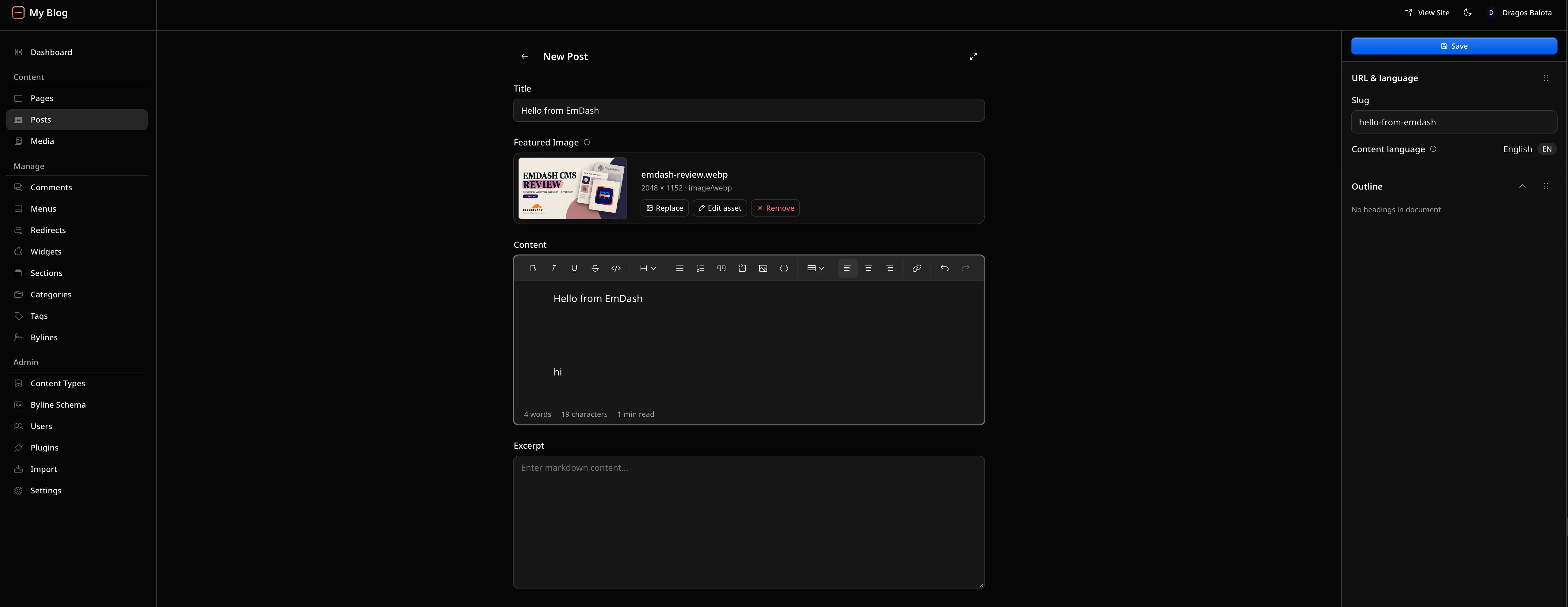 EmDash post editor with the Save and Publish changes buttons highlighted
