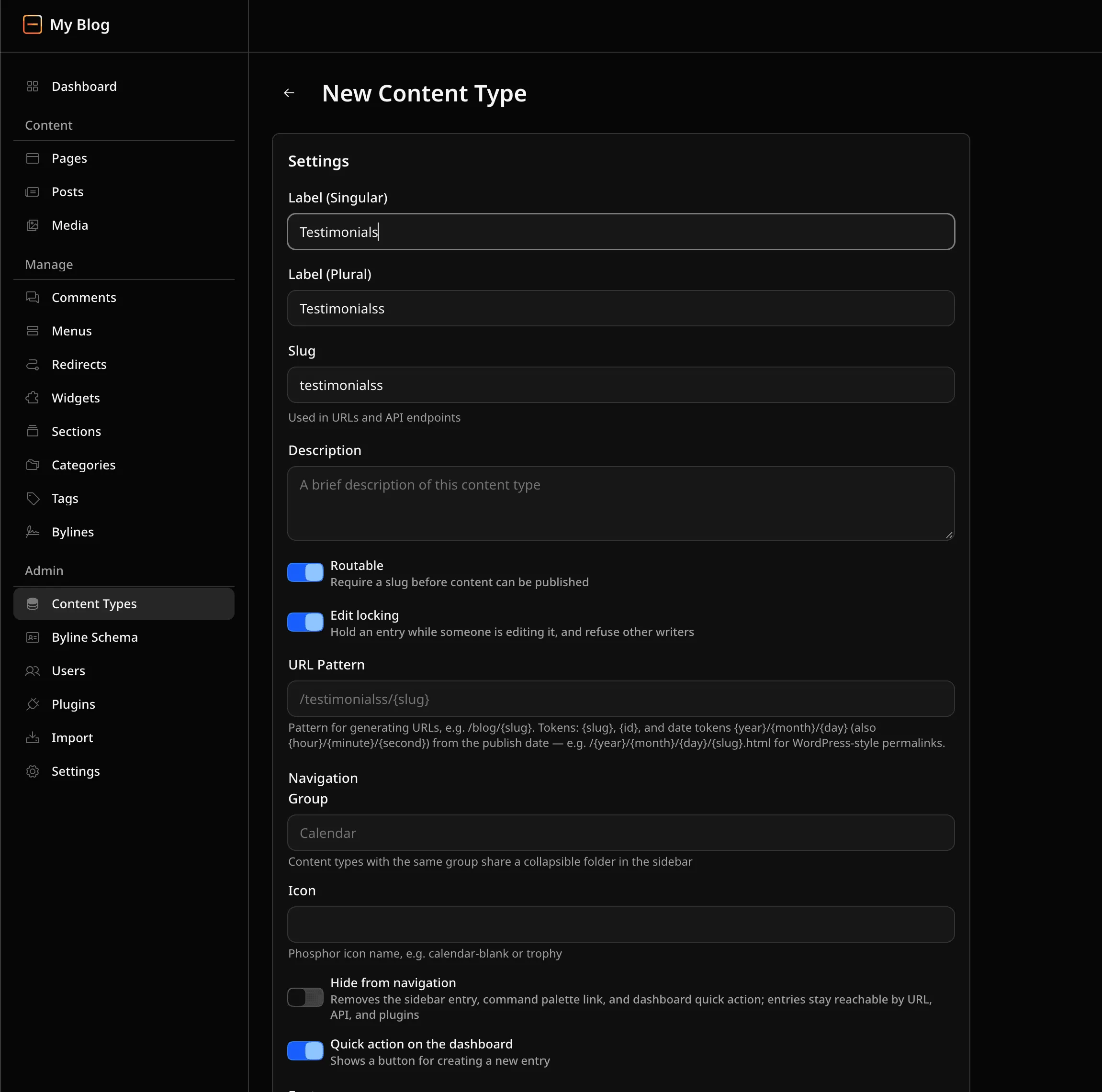 EmDash New Content Type screen with label and slug fields, Routable and Edit locking toggles, URL pattern, navigation group, and icon options