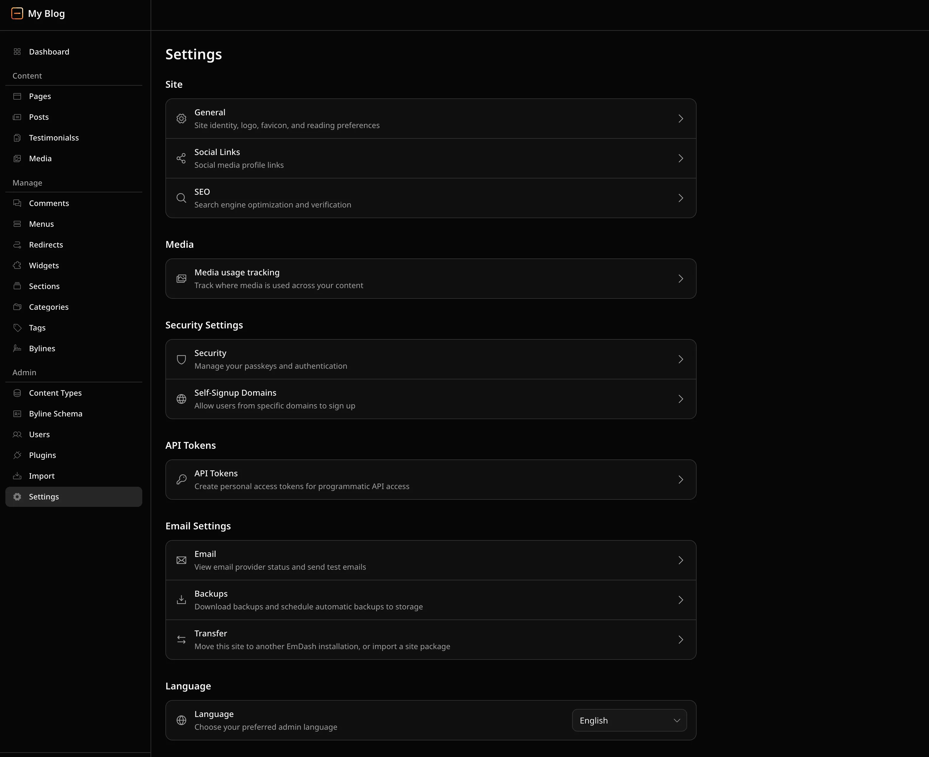 EmDash Settings screen with Site, Media usage tracking, Security, API Tokens, Email, Backups, Transfer, and Language sections