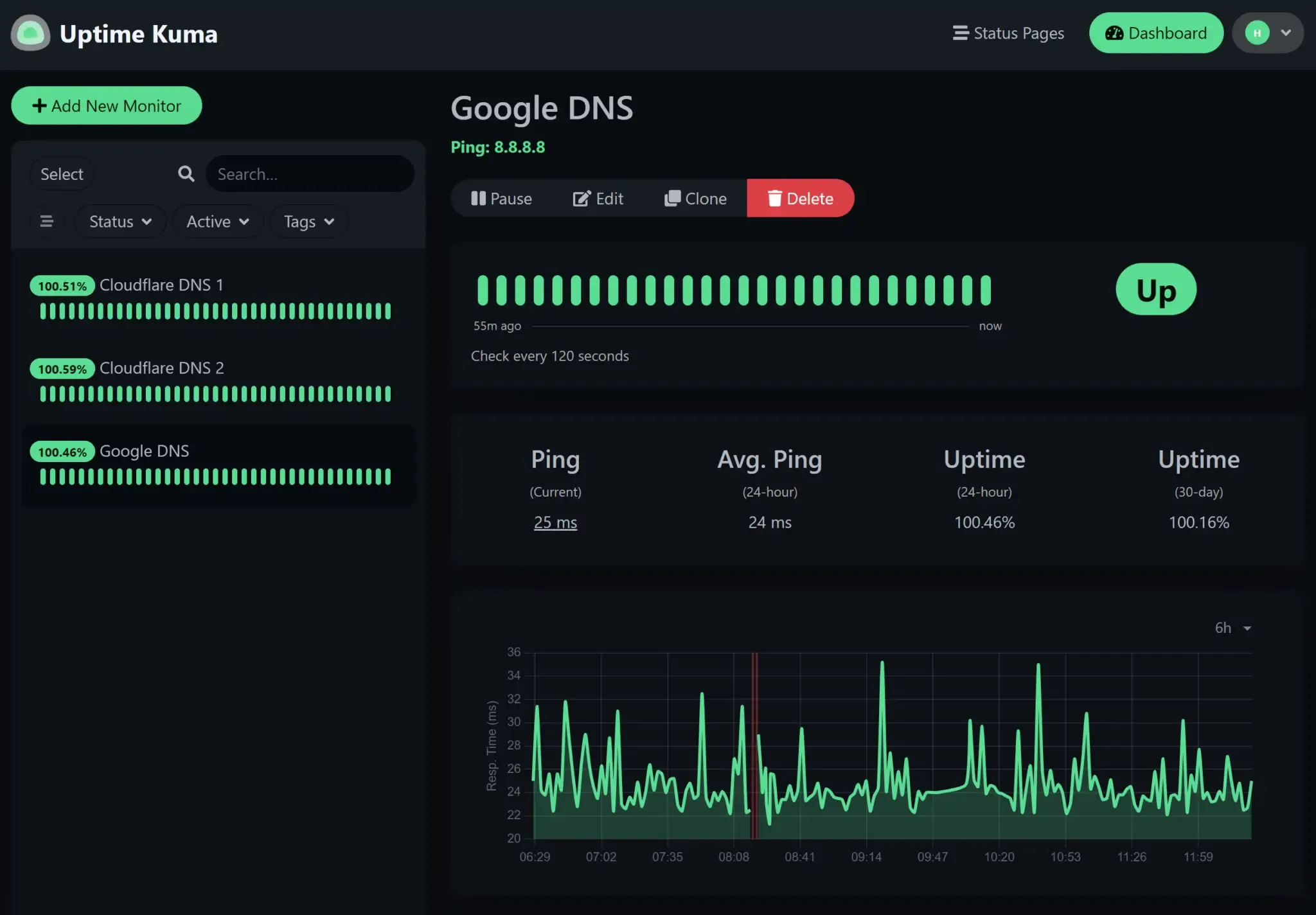 Uptime Kuma dashboard: monitor list on the left, a Google DNS monitor detail with heartbeat bar, ping stats and a response-time graph on the right