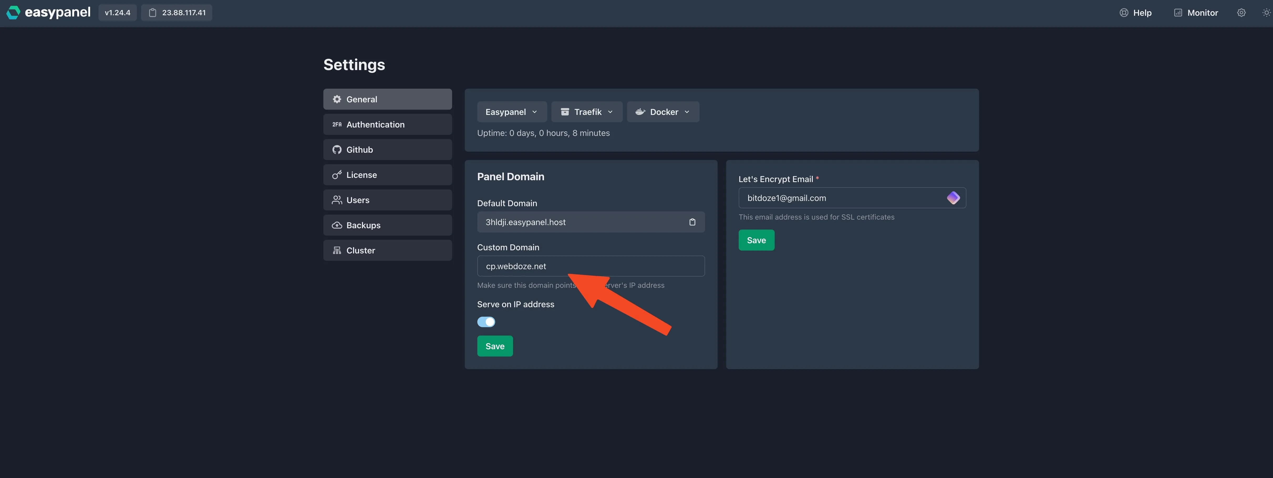 Easypanel domain settings screen where panel.yourdomain.com is set as the server domain