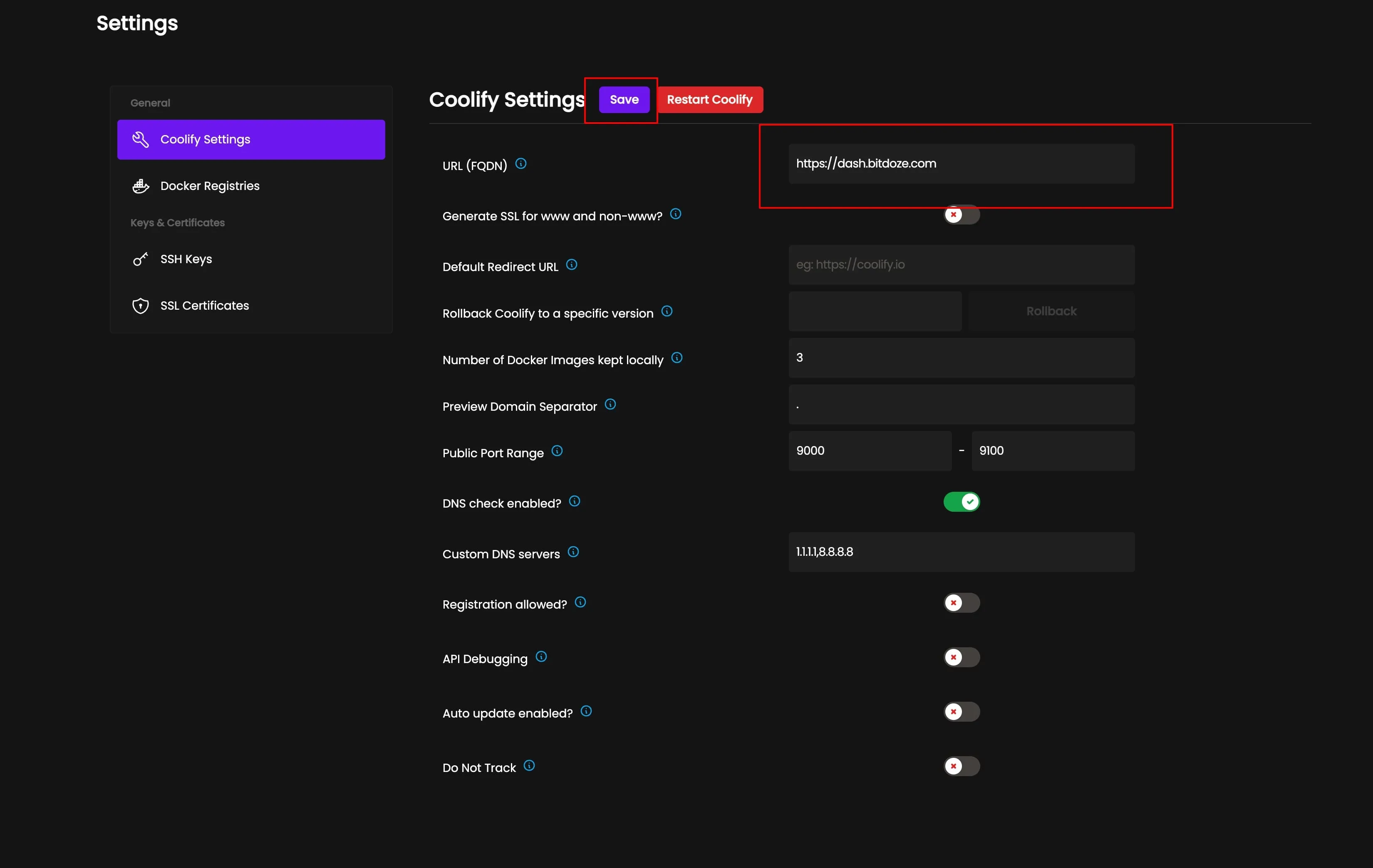Pre-v4.3 Coolify dashboard showing the admin URL (FQDN) settings
