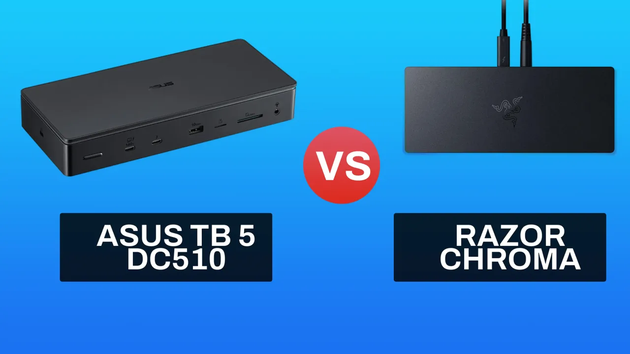 ASUS Master Thunderbolt 5 Dock DC510 next to the Razer Thunderbolt 5 Dock Chroma on a desk