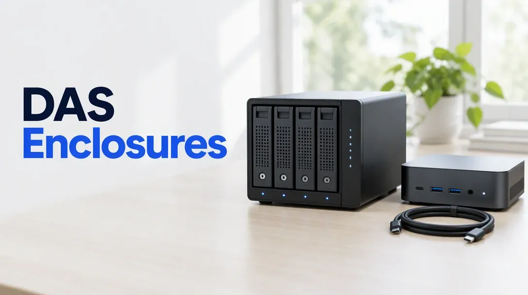 Cover image for the best DAS and JBOD enclosure guide, showing a 4-bay direct-attached storage enclosure