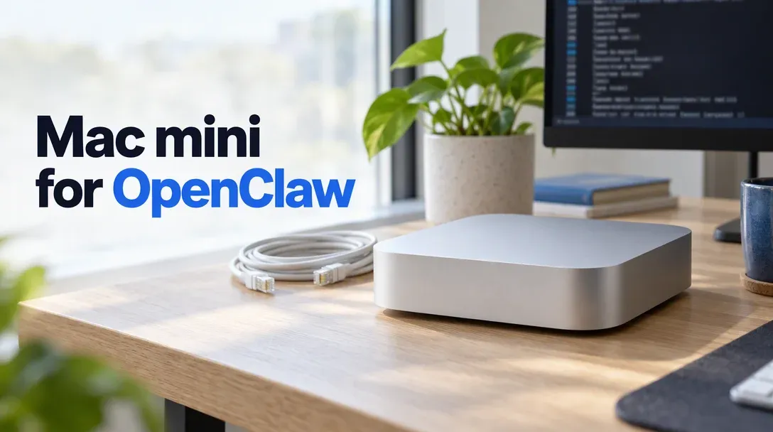 Cover image for the best Mac mini for OpenClaw guide, showing a silver Mac mini on a wooden desk next to a monitor with a terminal