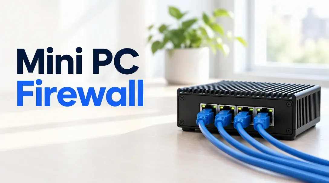 Cover image for the best mini PC for OPNsense and pfSense guide, showing a small fanless firewall appliance with Ethernet ports