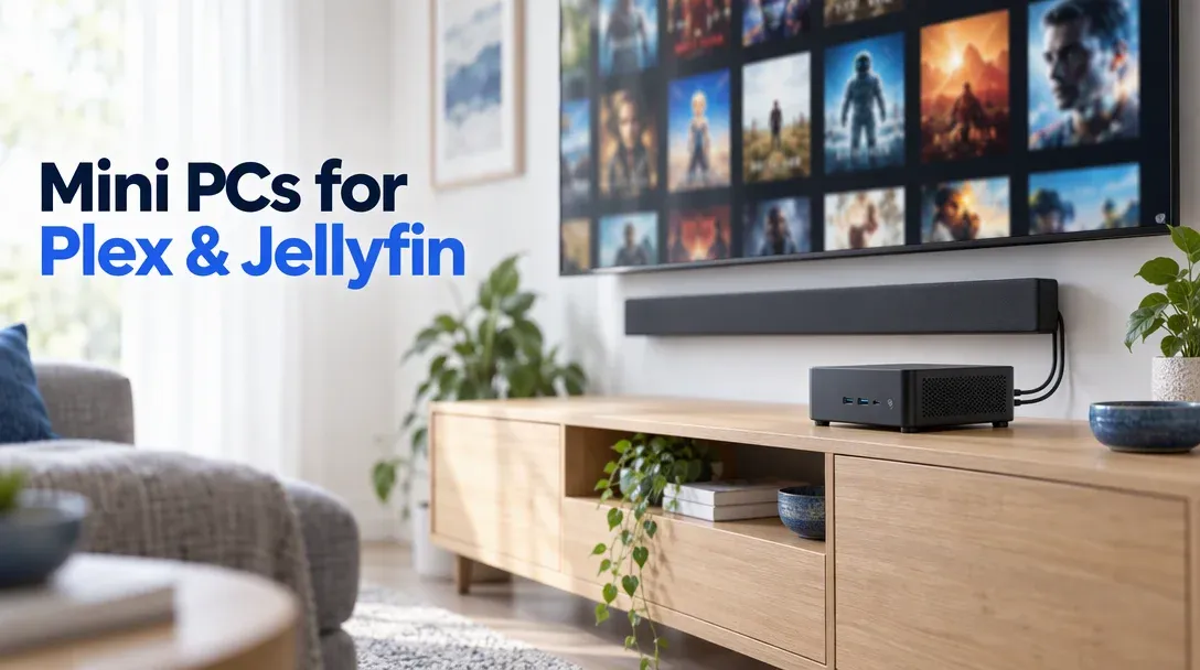 Cover image for the best mini PC for Plex and Jellyfin guide, showing a mini PC on a TV console under a wall-mounted TV