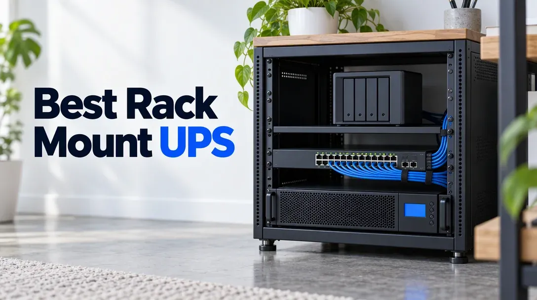 Cover image for the best rack mount UPS guide, showing a home lab rack with a 2U UPS, a network switch and a NAS