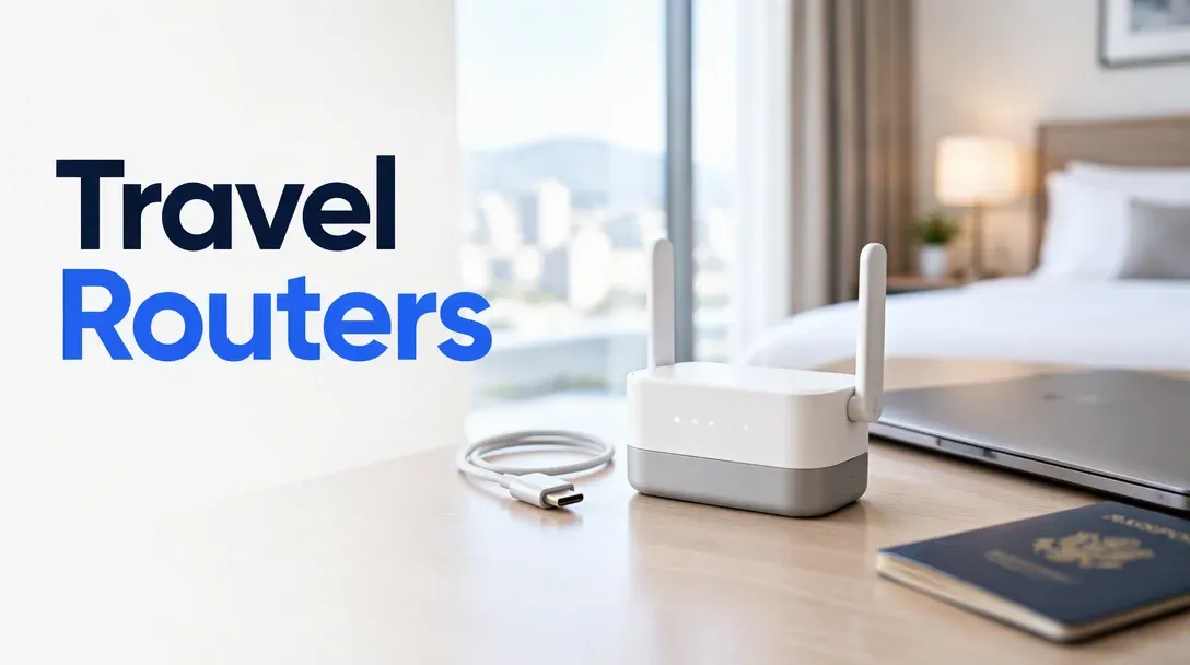 Cover image for the best travel router guide, showing a compact travel router on a hotel desk next to a laptop