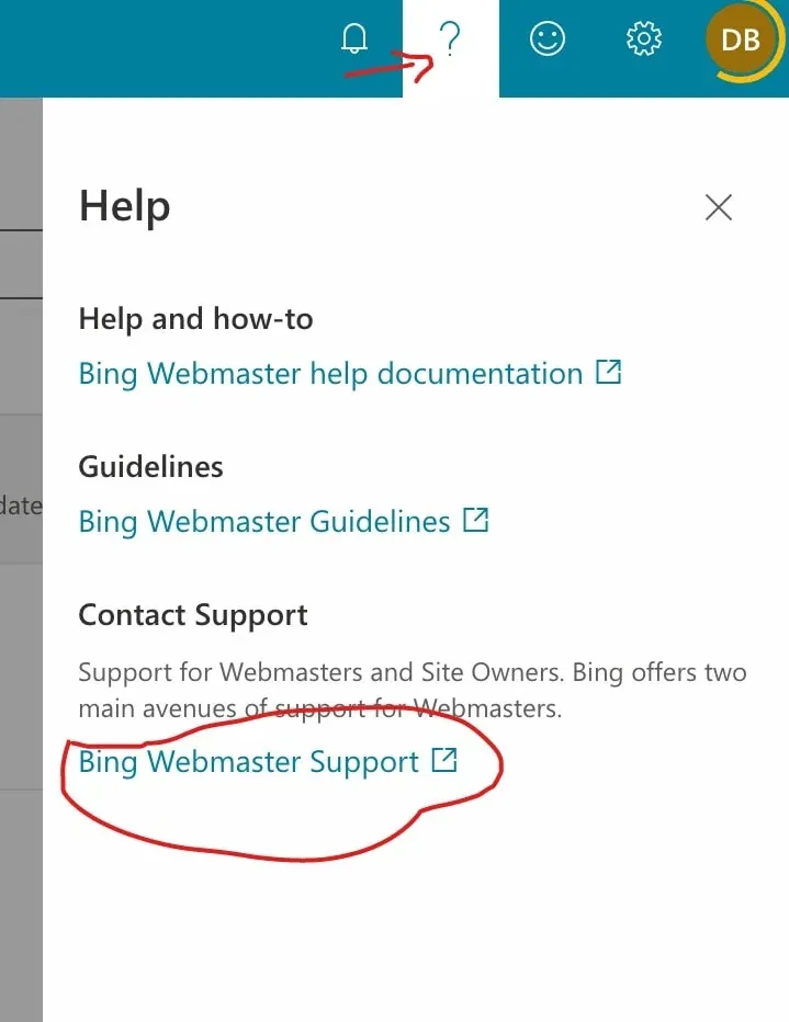 Bing Webmaster Support contact button