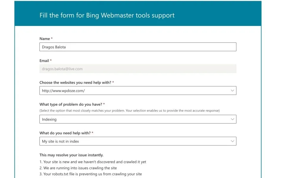 Bing support request category selection