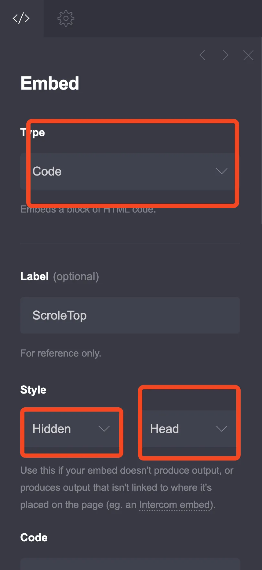 Carrd builder with the Embed element added and Type set to Code
