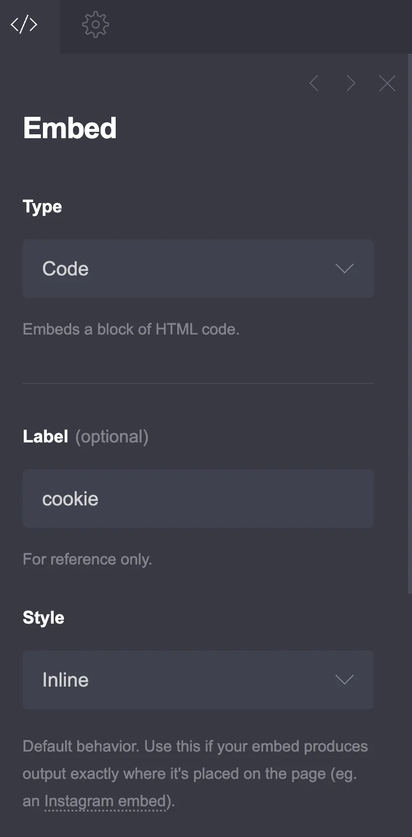 Carrd Embed element setup with Type set to Code