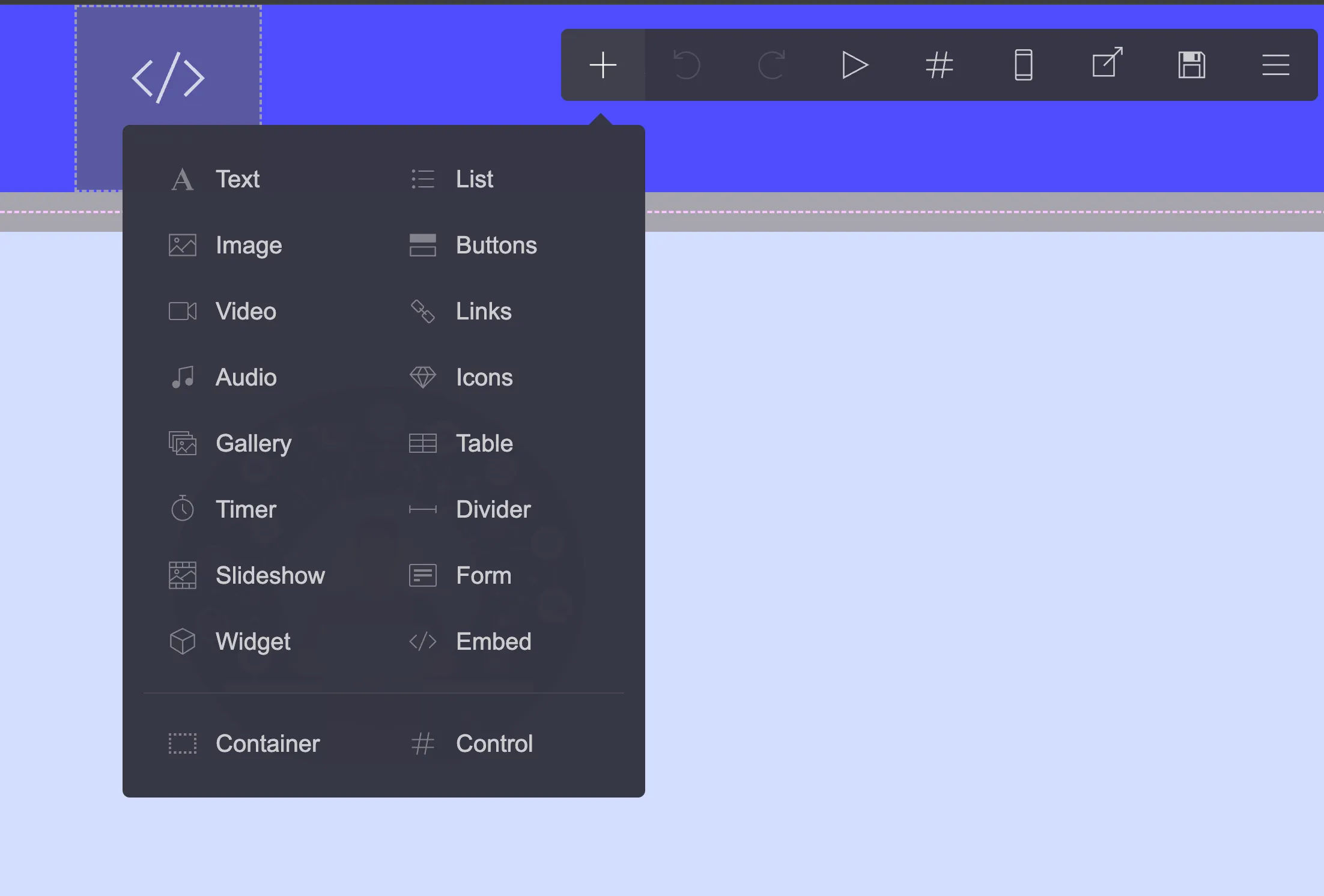 Carrd.co element library showing text, media, form, and custom code elements used to build a landing page