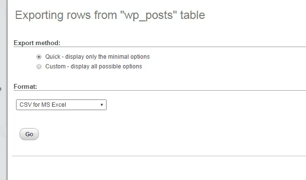 phpMyAdmin export format selection
