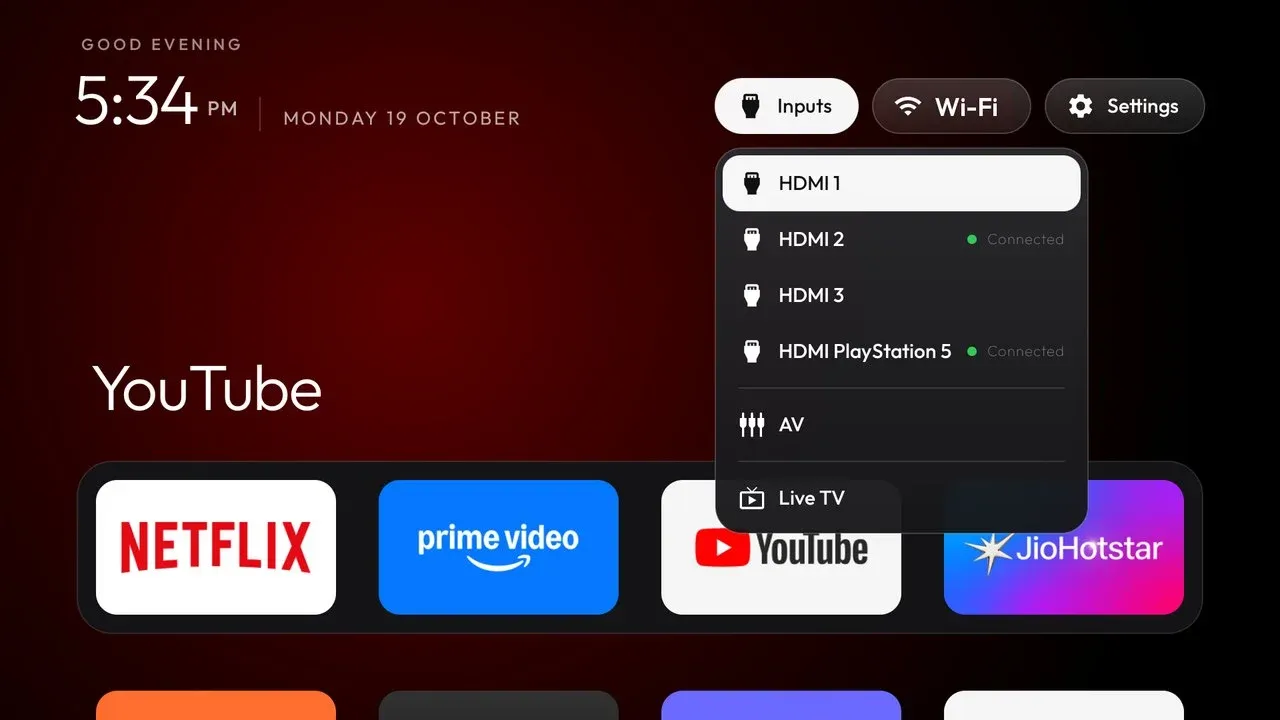 The Inputs popup listing HDMI ports, AV and Live TV