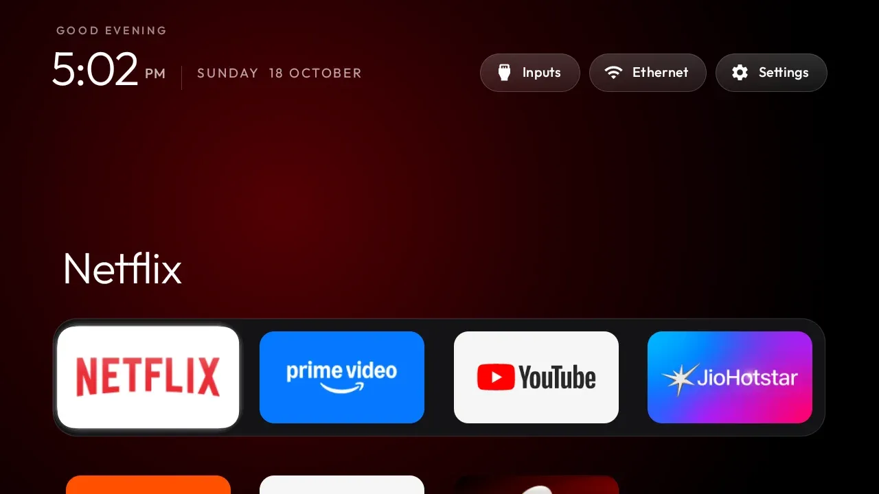 The cleanyourtv top shelf: the focused app’s name in large type over an ambient glow