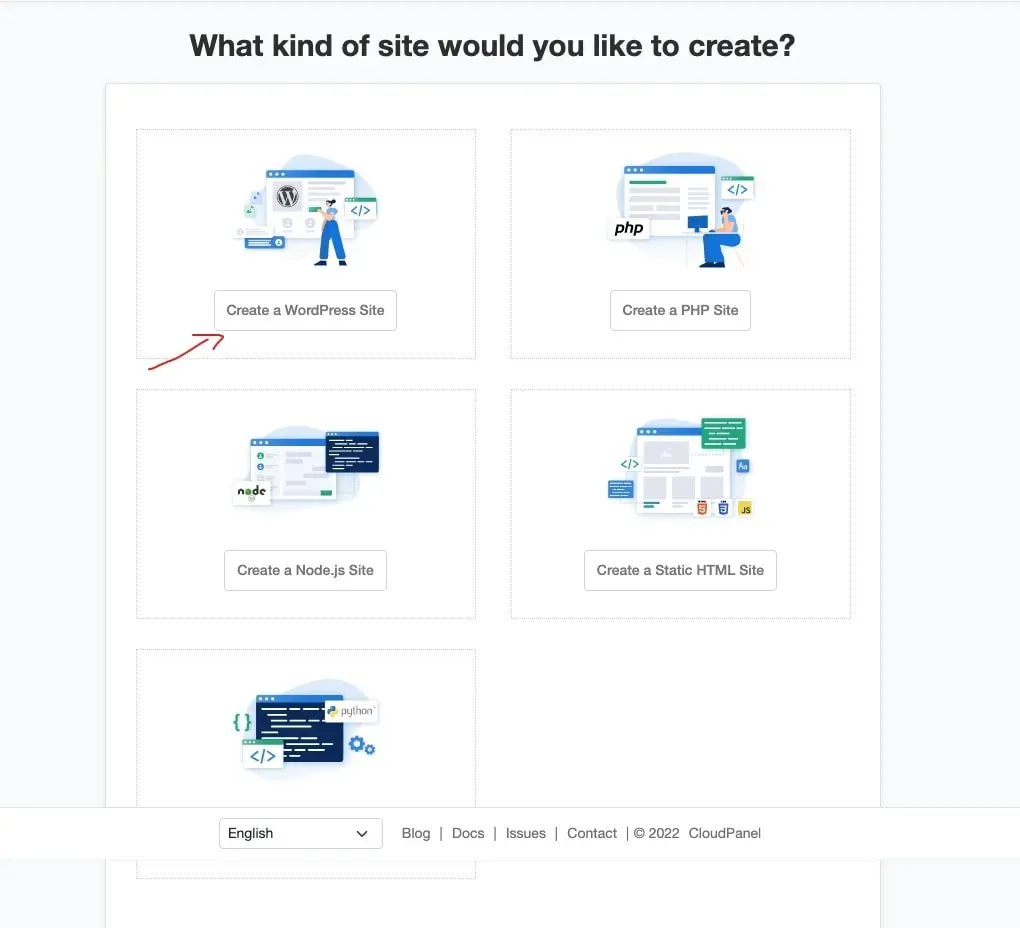 Botón de crear sitio web en CloudPanel