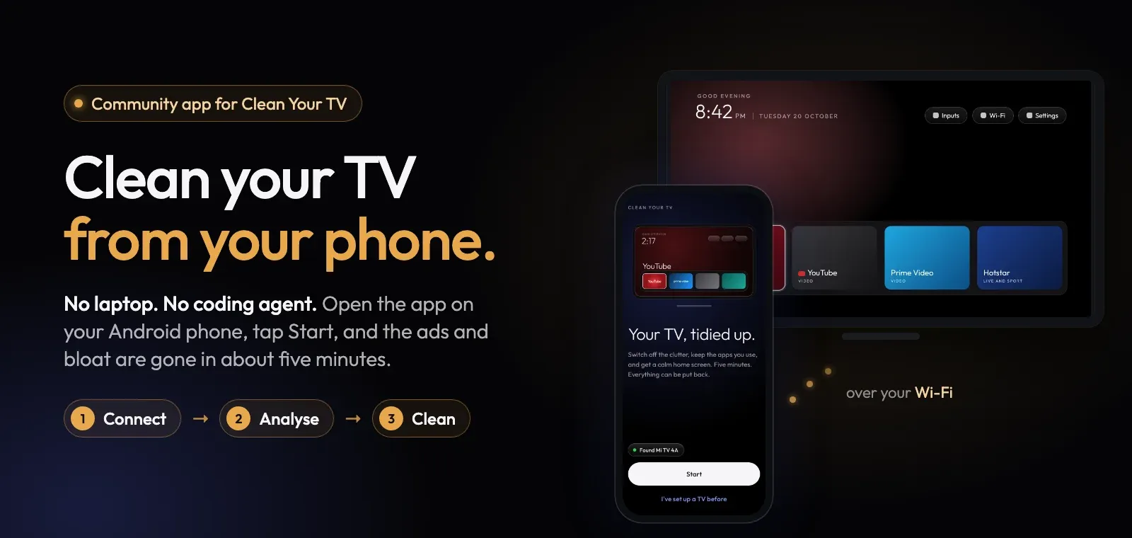 The cleanyourtv-app flow: connect, analyse, clean, phone and TV side by side