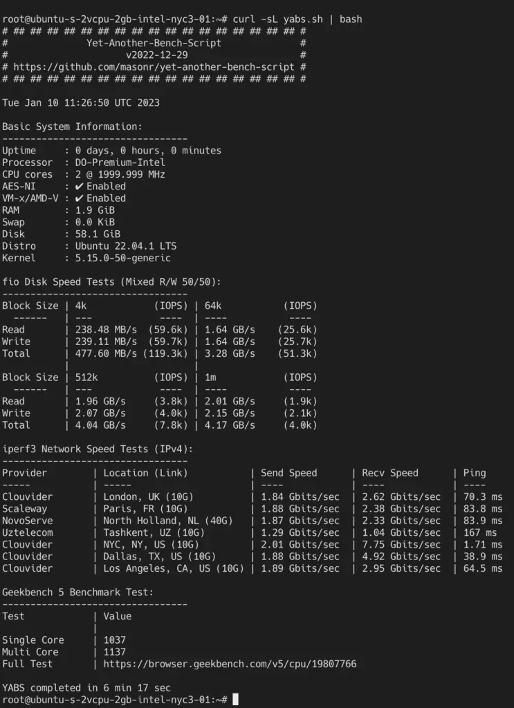 DigitalOcean Premium Intel yabs.sh benchmark results