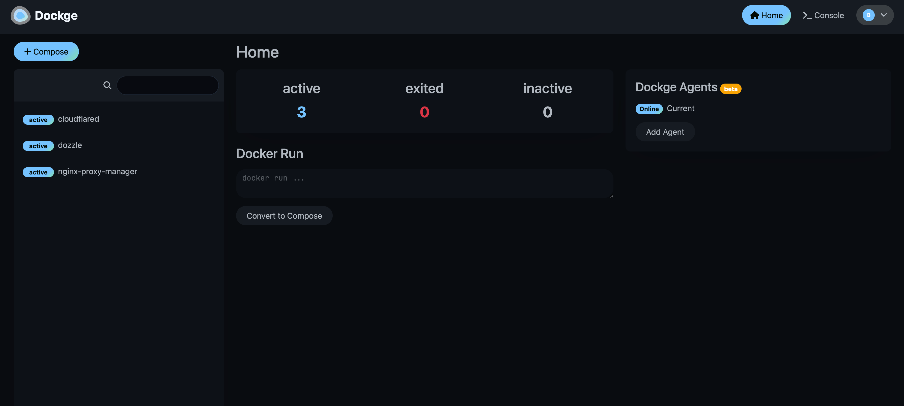 Dockge UI mostrando lista de stacks compose