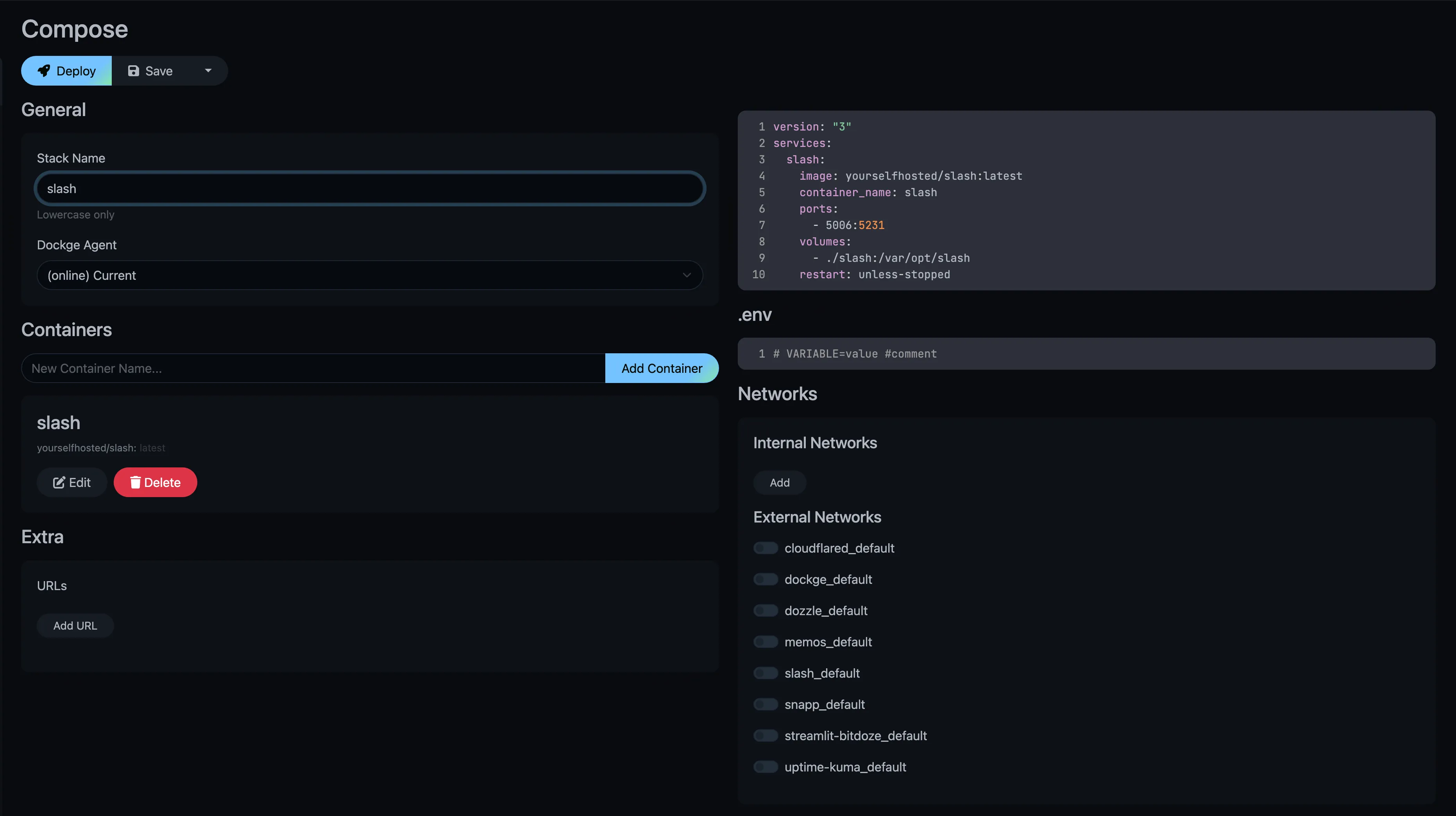 Dockge interface showing Slash Docker Compose stack deployment