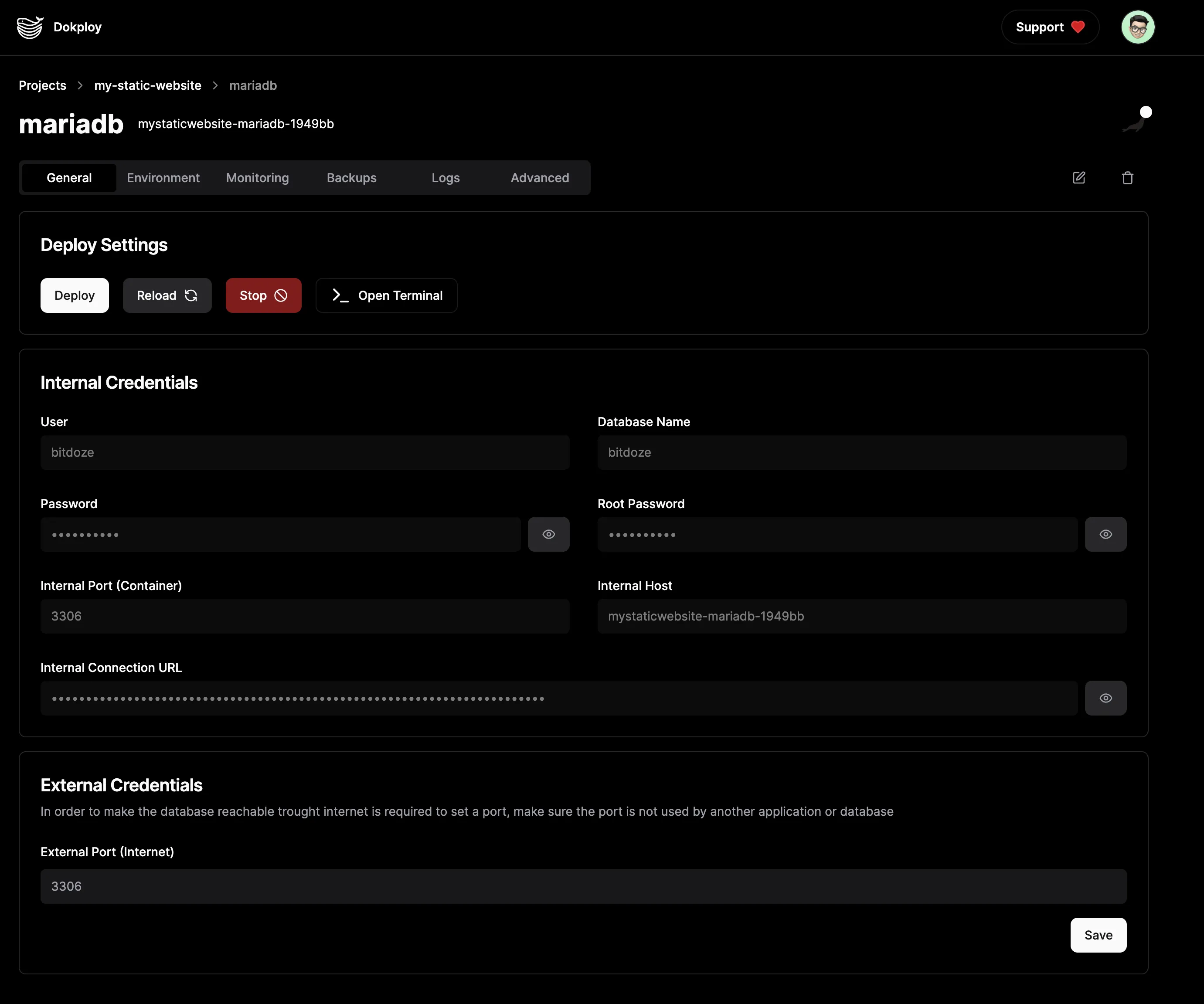 Dokploy dashboard showing a deployed application, its Docker container status and Traefik domain