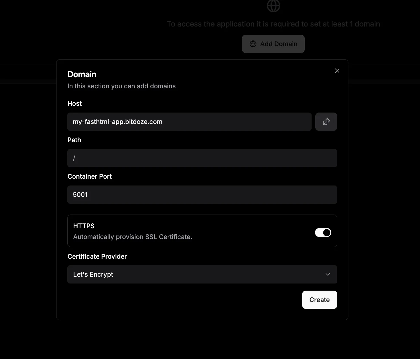 Configuración de dominio en Dokploy mostrando el puerto 8000 y el toggle de HTTPS