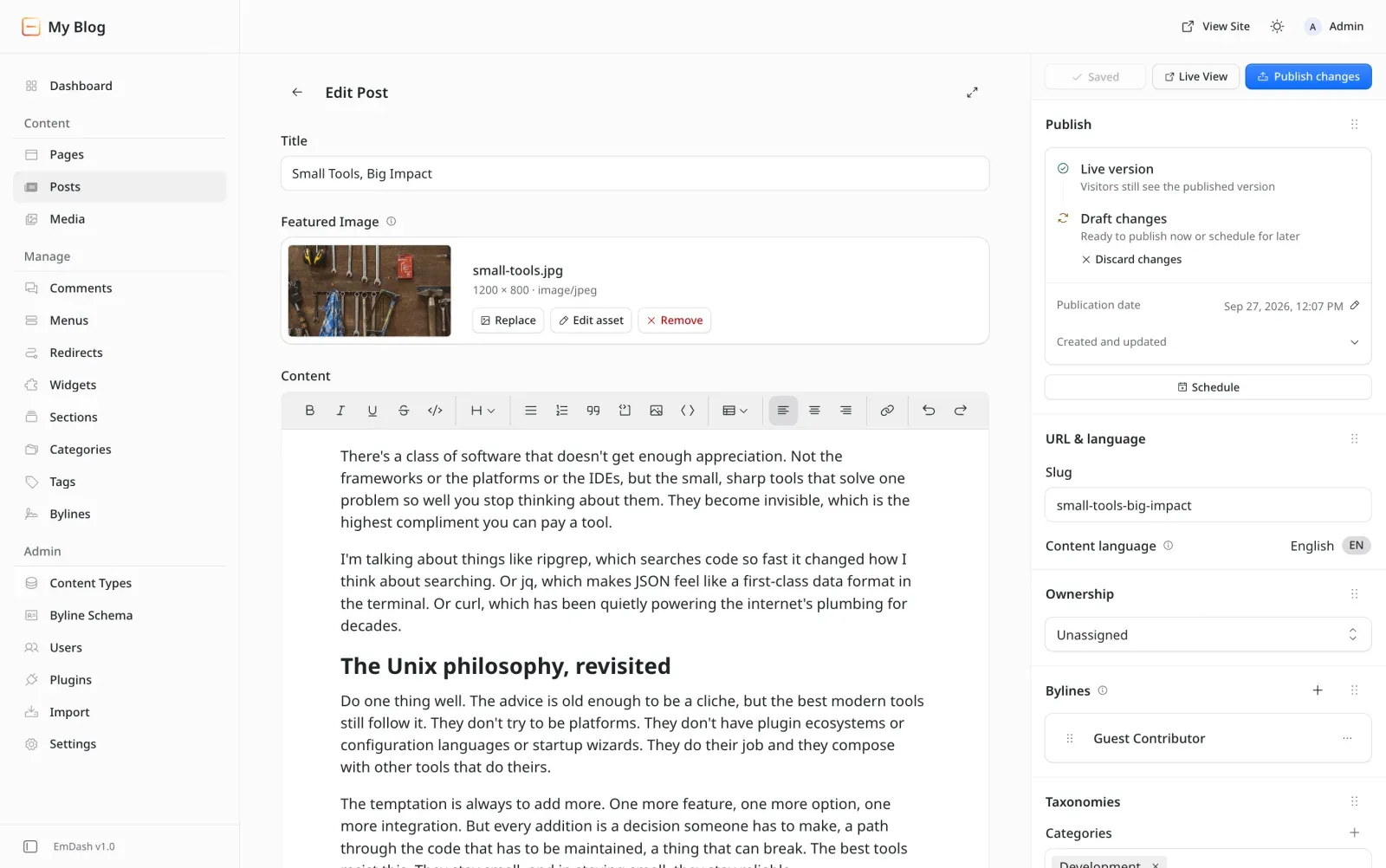 EmDash v1.0 admin interface: the post editor with sidebar navigation, TipTap content area, and a publish panel tracking live version versus draft changes