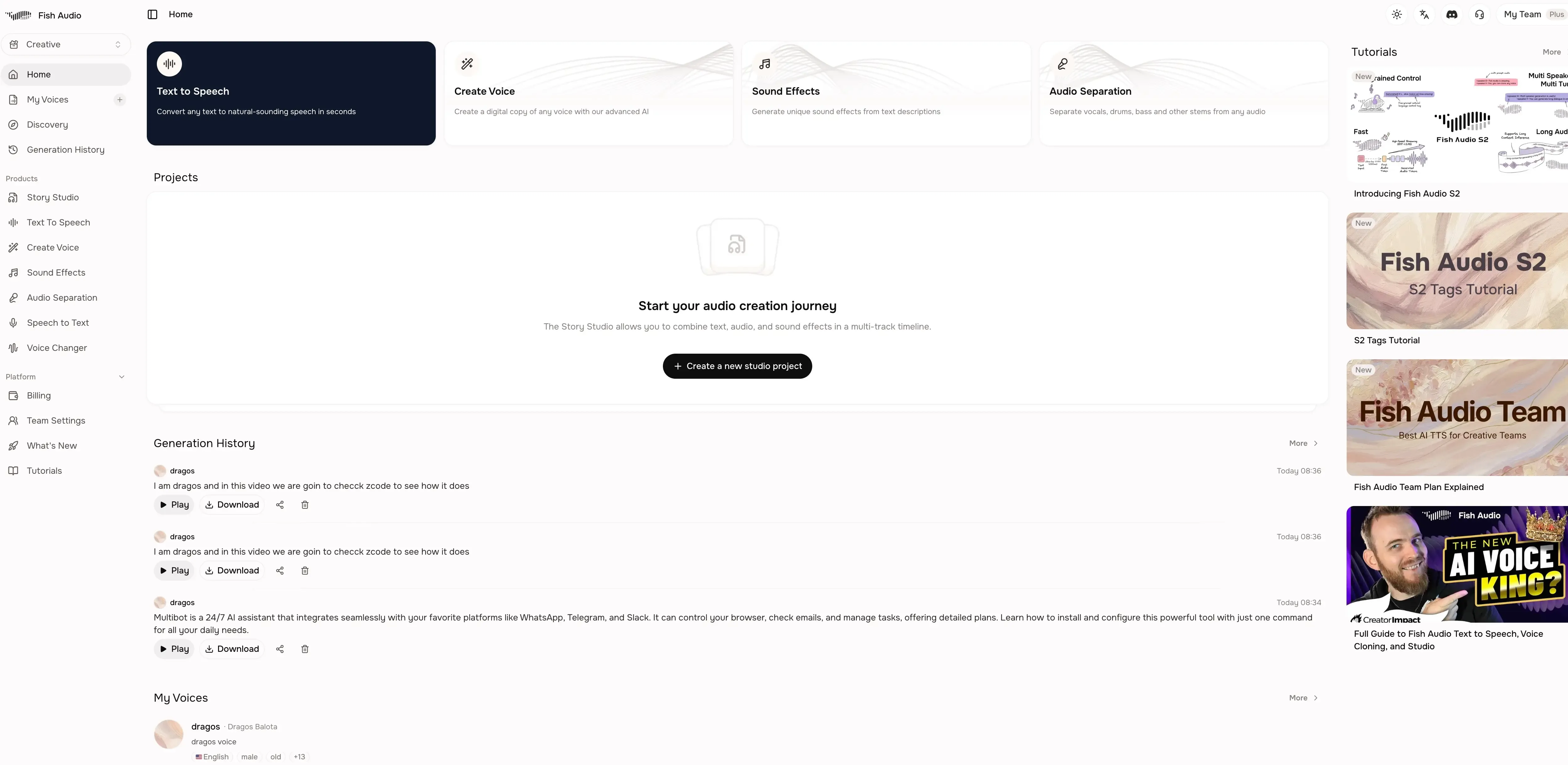 Fish Audio TTS interface with emotion controls and model selection