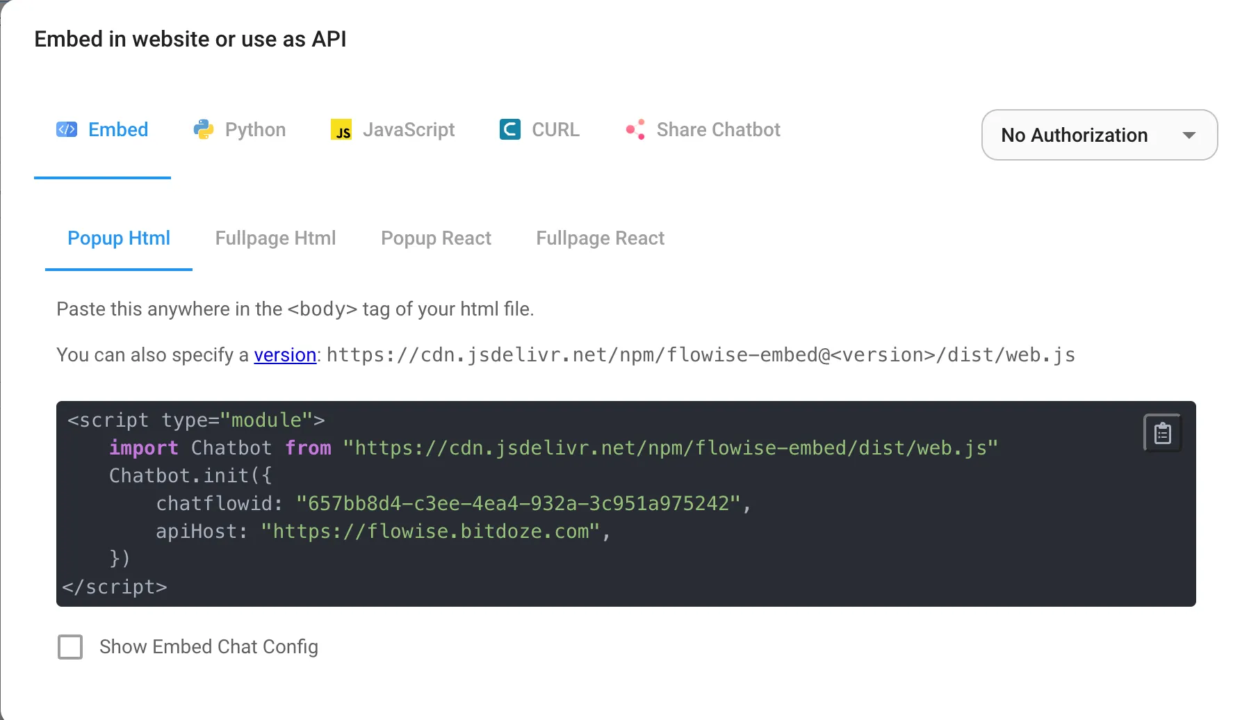 Opciones de exportación de un chatflow de FlowiseAI: embed, Python, JavaScript, cURL y enlace de compartir