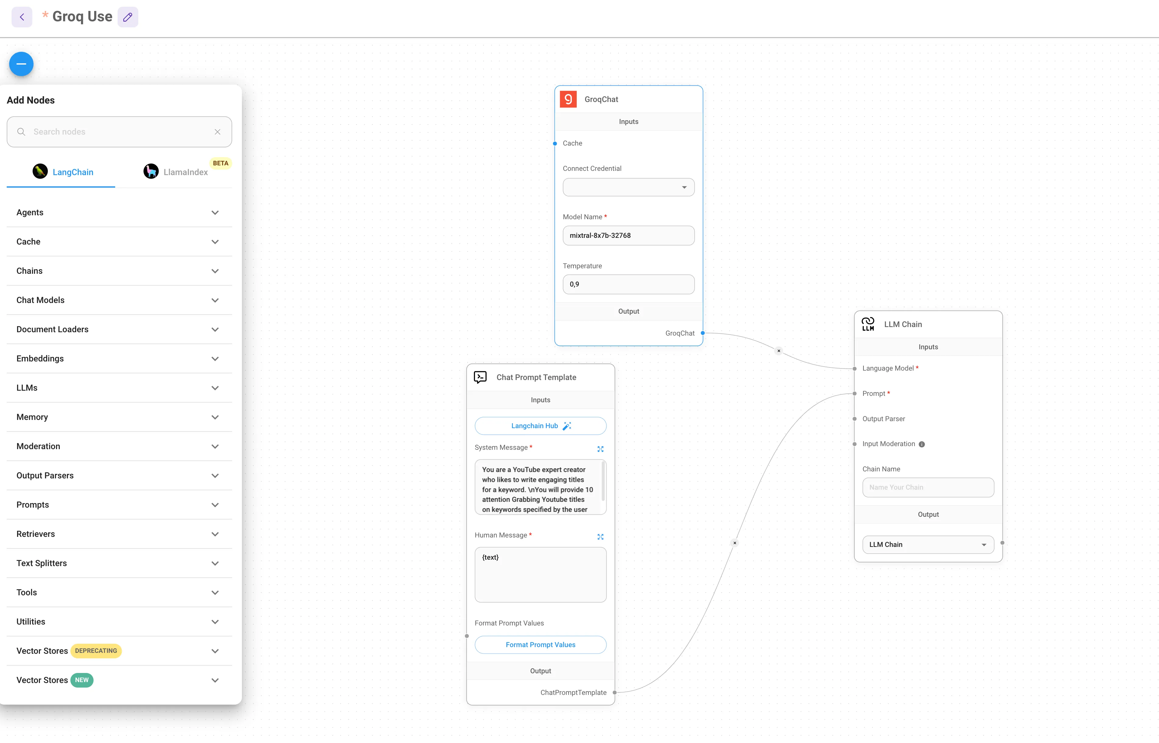 Construyendo un chatflow en el editor de arrastrar y soltar de FlowiseAI