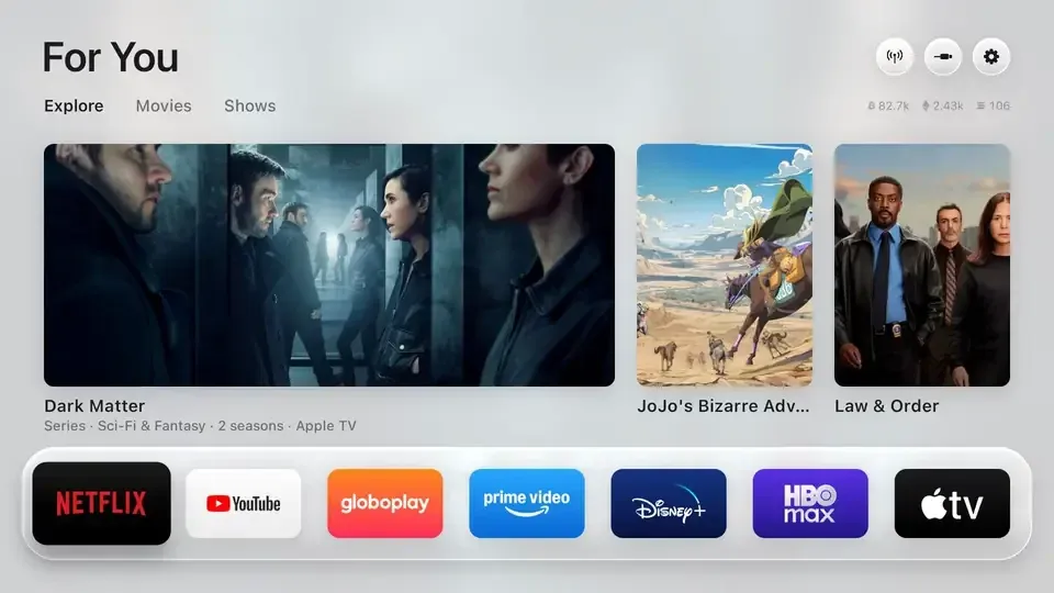 The free-my-tv home screen: a glass shelf of apps, trending picks, and a weather drawer