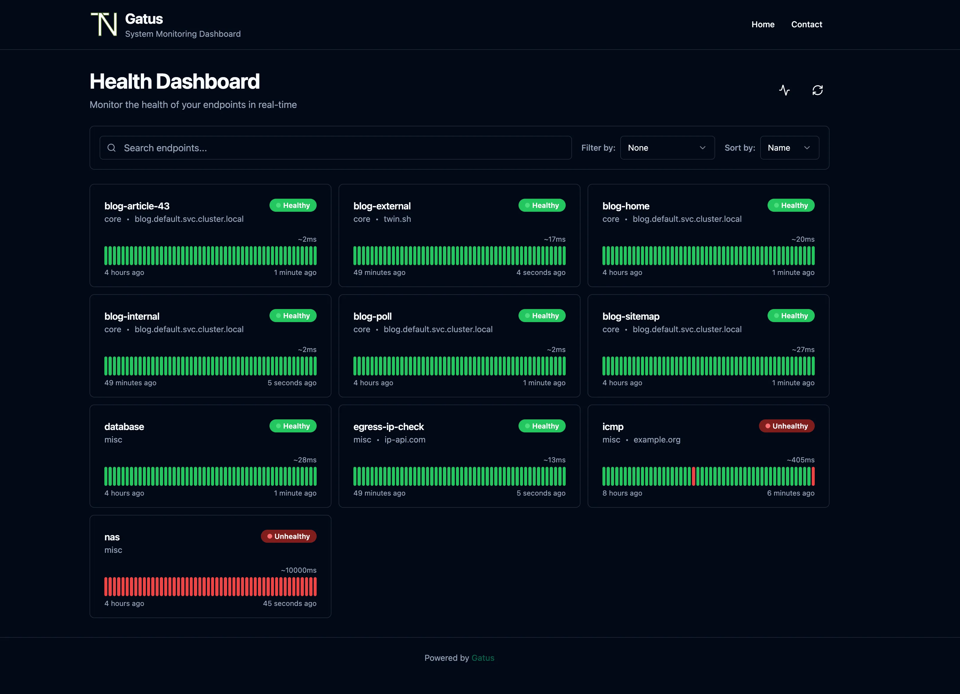 Gatus health dashboard: a grid of endpoint cards with Healthy or Unhealthy badges, heartbeat bars and response times per endpoint