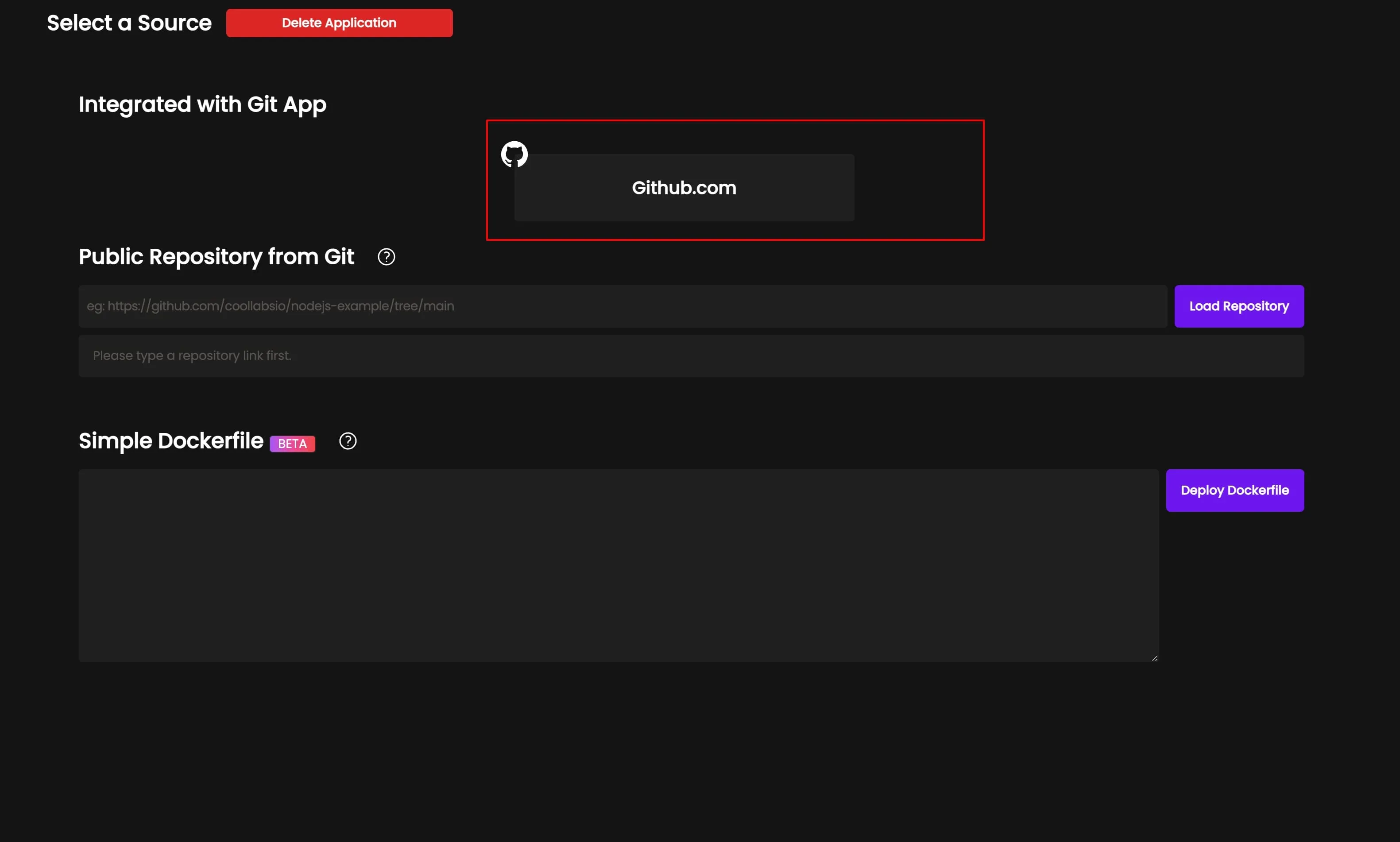 Pre-v4.3 Coolify app creation screen with GitHub selected as the source