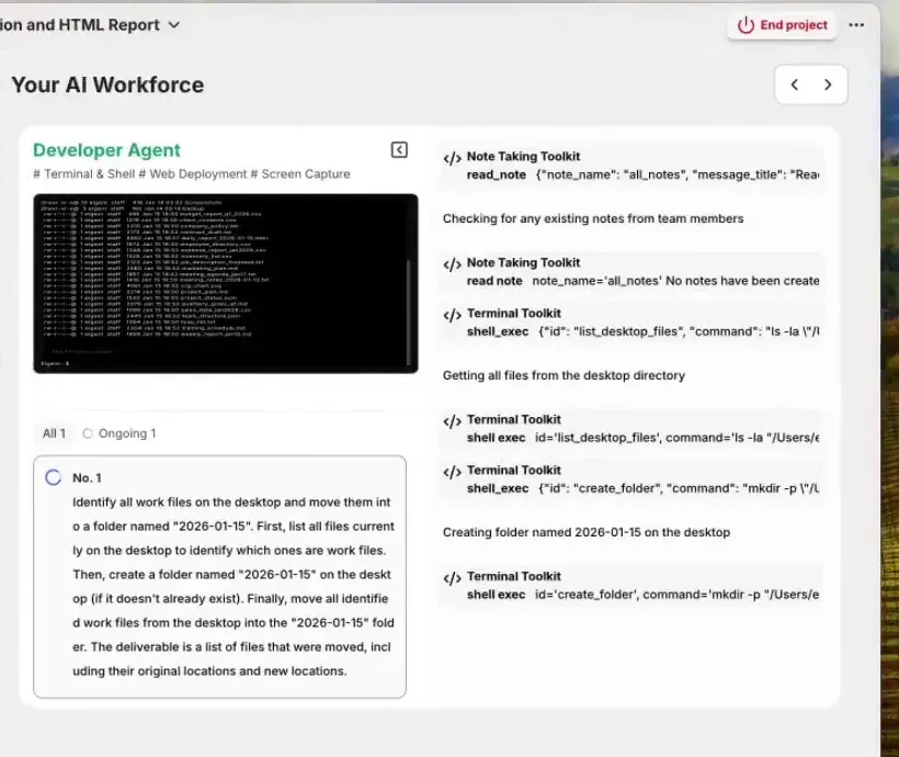 Eigent desktop app in the Your AI Workforce view, with a Developer Agent running terminal commands to move work files into a dated folder