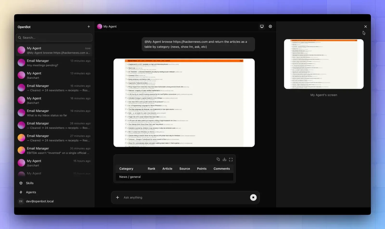 OpenBot chat UI with a coworker list on the left, a chat that returns Hacker News stories as a table, and the agent’s live browser screen on the right