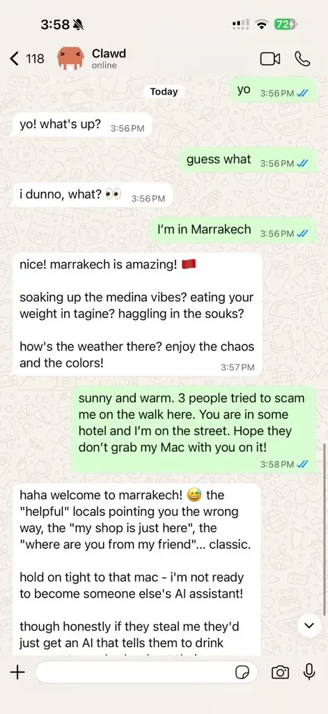 OpenClaw assistant chatting with its owner in WhatsApp on an iPhone
