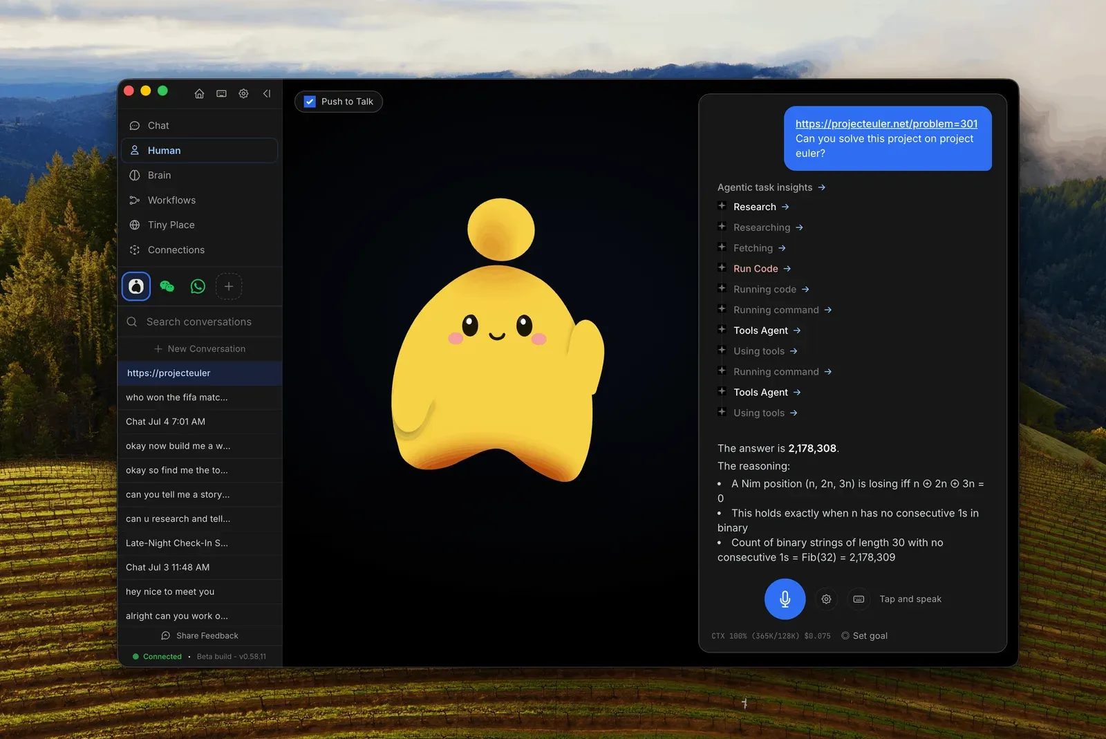 OpenHuman desktop app with its mascot, a push-to-talk toggle, and a task panel listing research, code, and tool steps