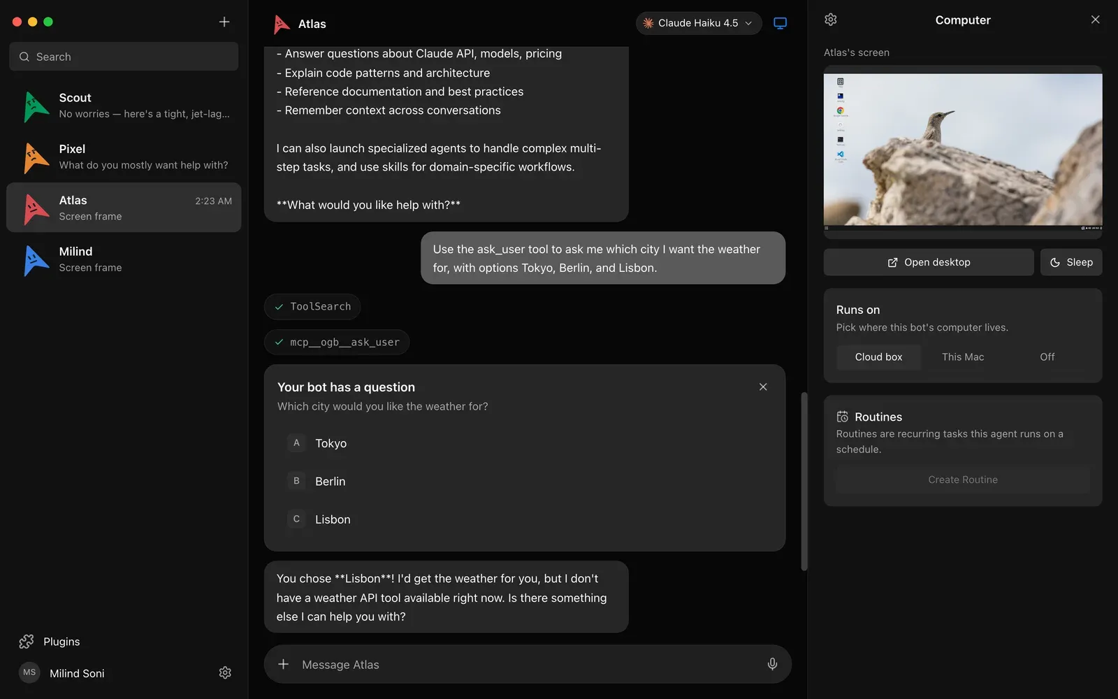 OpenMausBot desktop app with a bot roster, a chat where the Atlas bot asks a multiple-choice question, and a computer panel with Cloud box, This Mac, and Off options