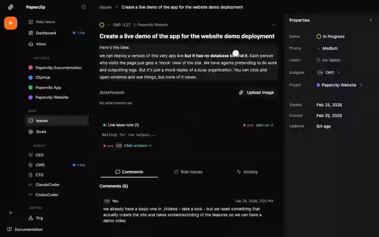Paperclip dashboard showing an issue assigned to a CMO agent, with a sidebar of agents including CEO, CMO, CTO, ClaudeCoder, and CodexCoder
