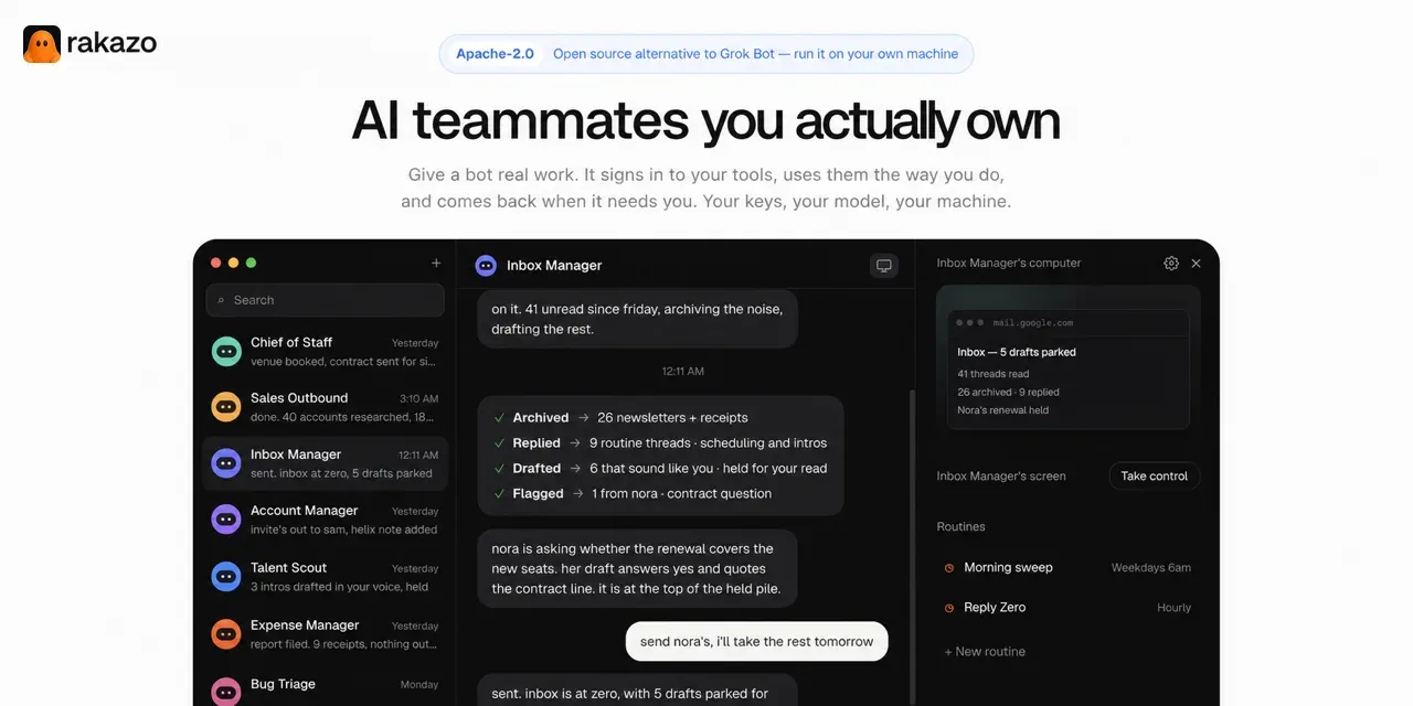 Rakazo web app with a roster of bots on the left, an Inbox Manager chat in the middle, and the bot’s computer and routines on the right